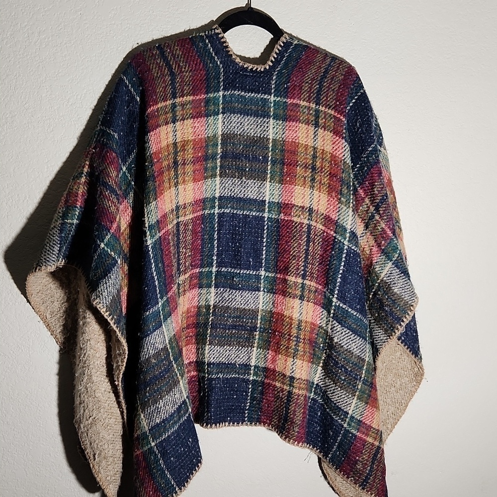 C Open Poncho Sweater Wrap One Size Plaid - Picture 4 of 12